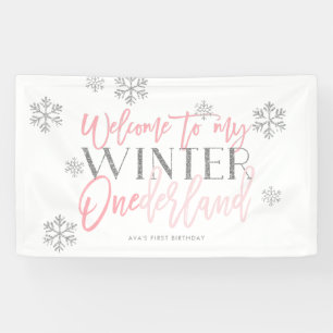 Winter ONEderland Silver Glitter Pink Welcome Sign