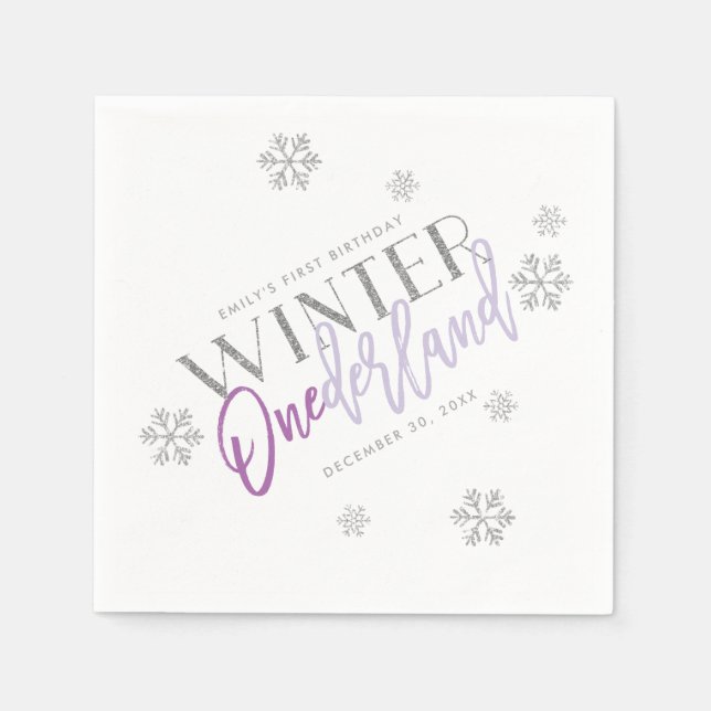 Winter ONEderland Silver Glitter Purple 1st Bday Napkin (Front)