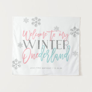 Winter ONEderland Silver Glitter Welcome Sign Tapestry
