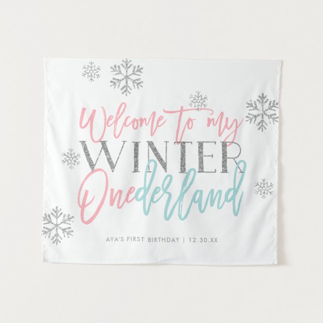 Winter ONEderland Silver Glitter Welcome Sign Tapestry (Front (Horizontal))