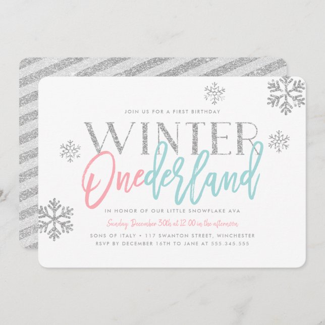Winter ONEderland Silver Glittery 1st Birthday Invitation (Front/Back)