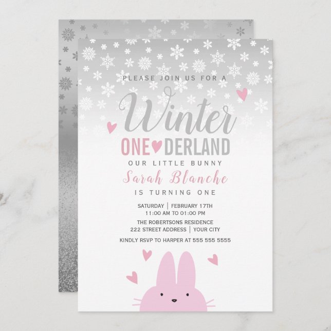 Winter Onederland Silver Pink 1st Birthday Invitation (Front/Back)