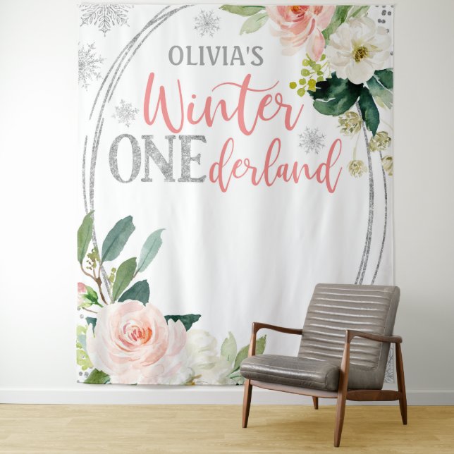 Winter ONEderland Silver Pink Floral Backdrop Tapestry (In Situ)