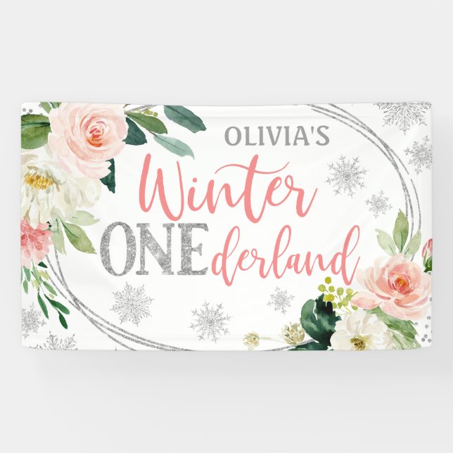 Winter ONEderland Silver Pink Floral Birthday Banner (Horizontal)