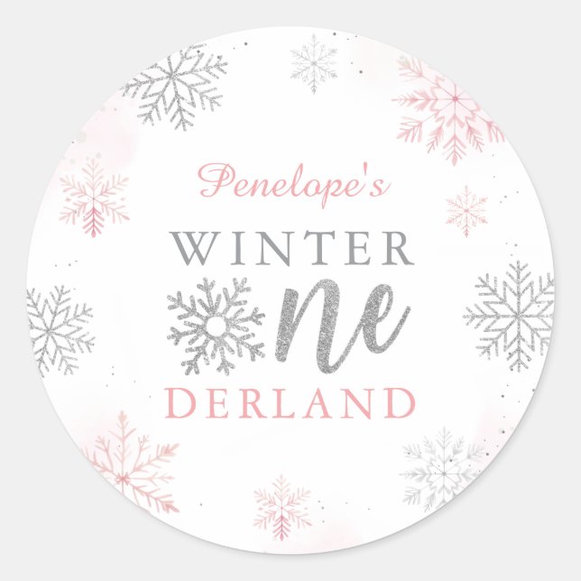 Winter Onederland Silver Pink Glitter 1st Birthday Classic Round Sticker (Front)