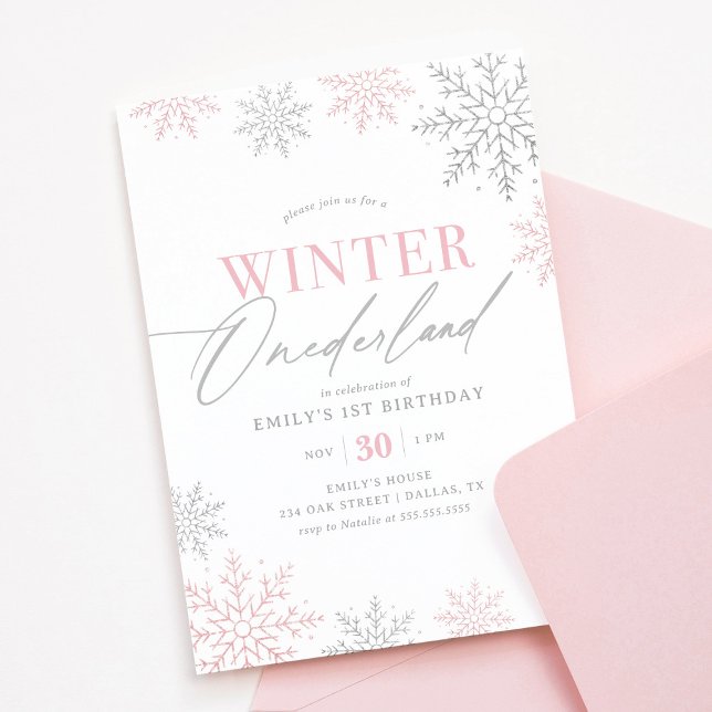 Winter Onederland Silver Pink Glitter 1st Birthday Invitation (Creator Uploaded)