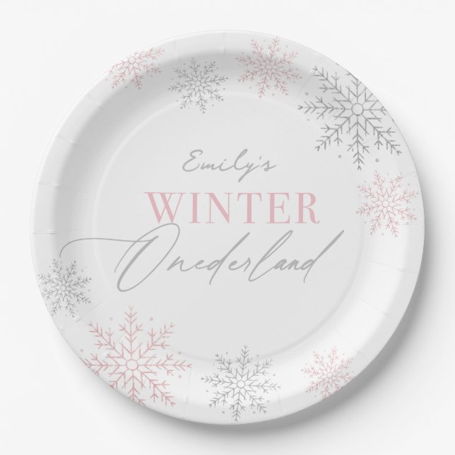Winter Onederland Silver Pink Glitter 1st Birthday Paper Plate (Front)