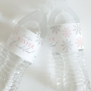 Winter Onederland Silver Pink Glitter 1st Birthday Water Bottle Label
