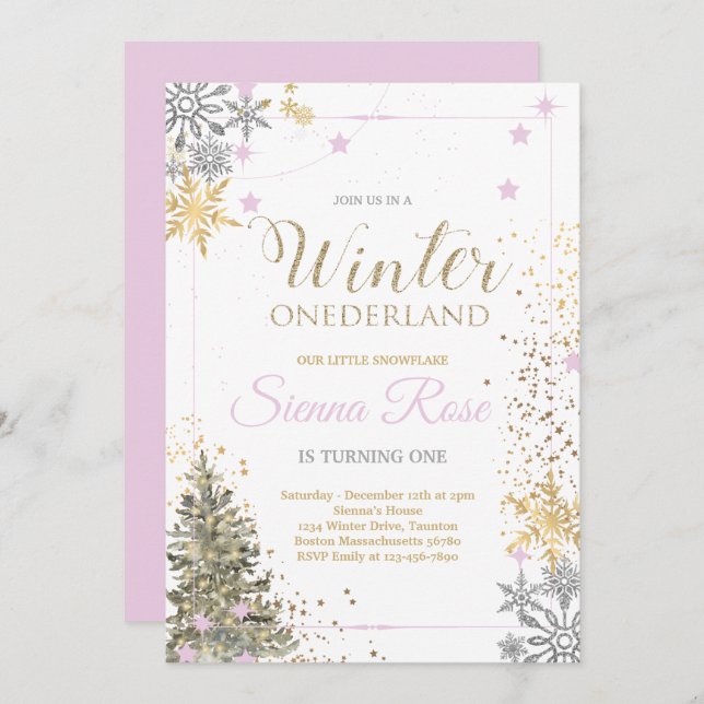 WINTER ONEderland Silver Pink & Gold 1st Birthday  Invitation (Front/Back)