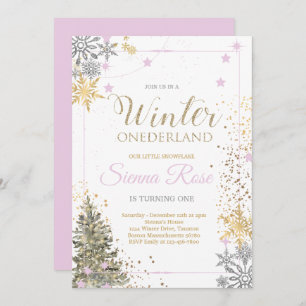 WINTER ONEderland Silver Pink & Gold 1st Birthday  Invitation