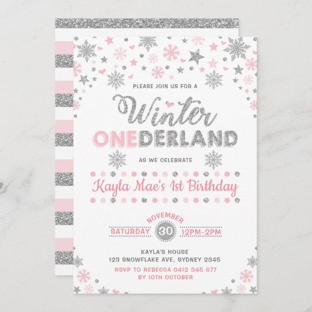 Winter ONEderland Silver Pink Snowflake Birthday Invitation (Front/Back)