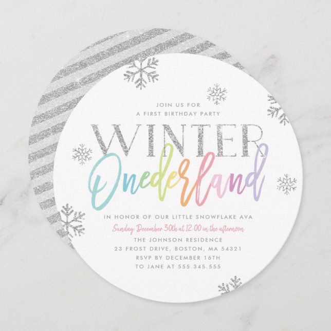 Winter ONEderland Silver Rainbow 1st Birthday Invitation (Front/Back)