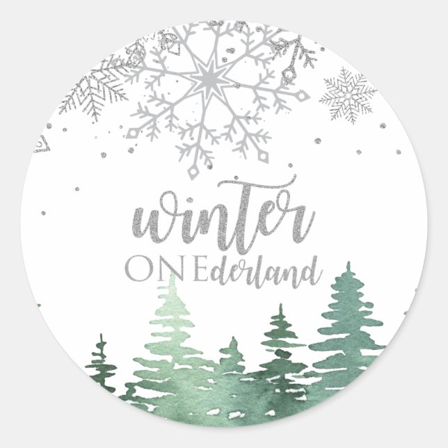 Winter Onederland Silver snowflakes and trees Classic Round Sticker (Front)