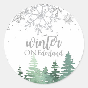 Winter Onederland Silver snowflakes and trees Classic Round Sticker