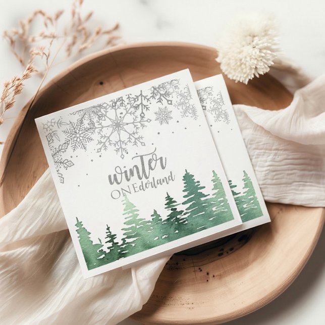Winter Onederland Silver snowflakes and trees Napkin (Creator Uploaded)