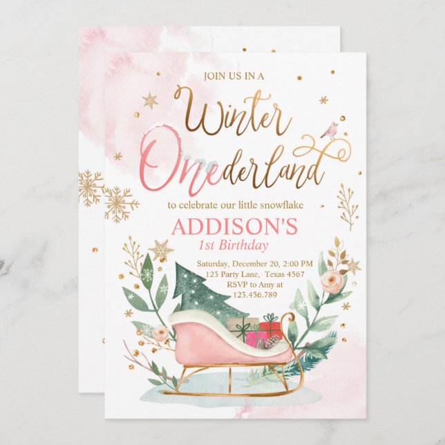 Winter Onederland Sleigh Pink Gold 1st Birthday Invitation (Front/Back)