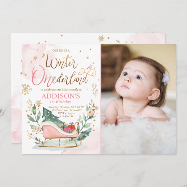 Winter Onederland Sleigh Pink Gold 1st Birthday  Invitation (Front/Back)