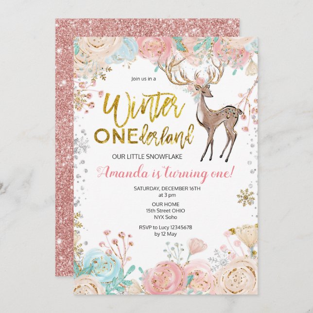 Winter ONEderland Snow Birthday Invitation Gold (Front/Back)