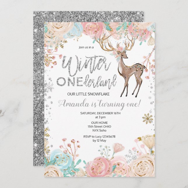 Winter ONEderland Snow Birthday Invitation Silver (Front/Back)