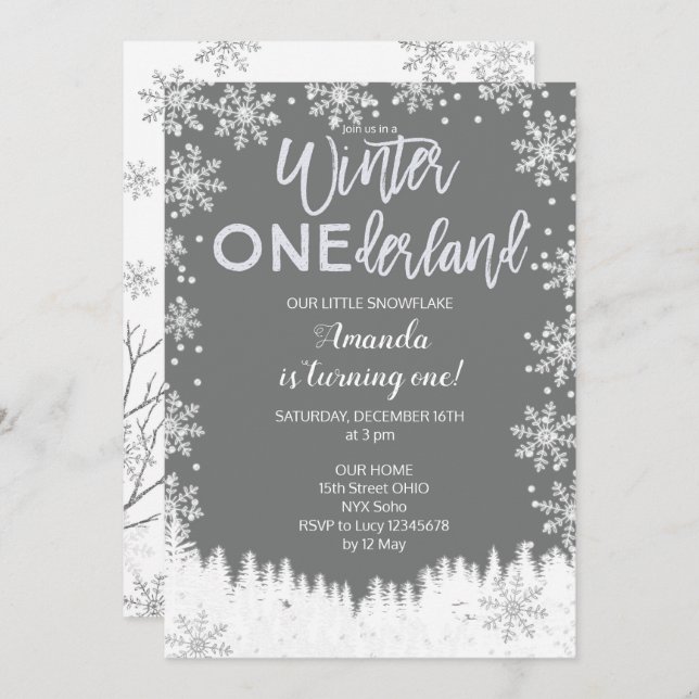 Winter ONEderland Snow Birthday Invite Grey (Front/Back)