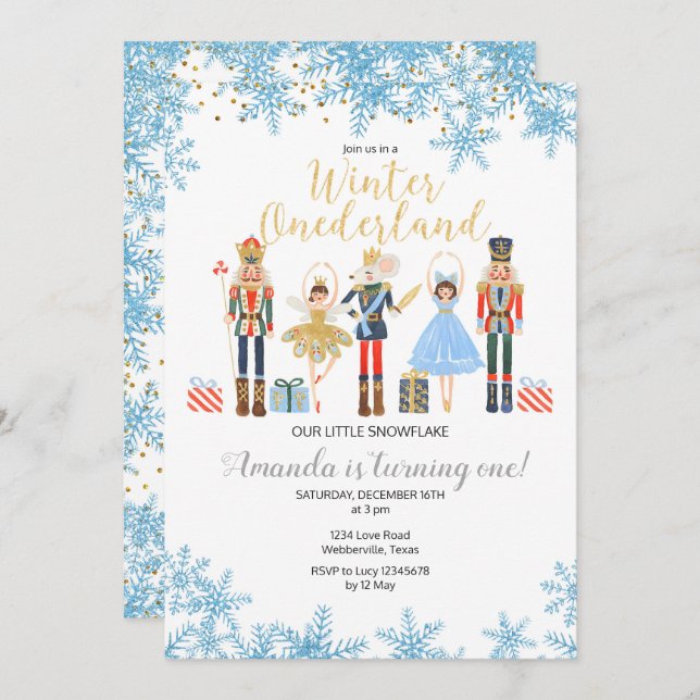 Winter ONEderland Snow Birthday Nutcracker Invitation (Front/Back)