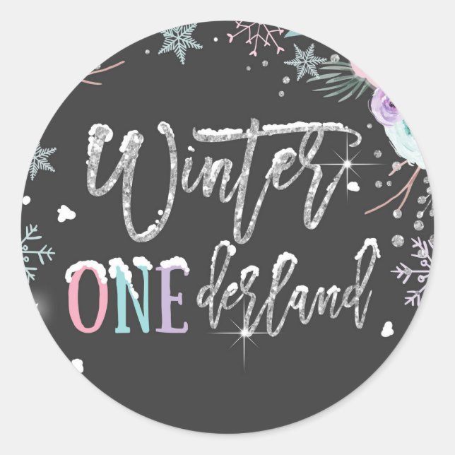 Winter ONEderland Snow Dark Silver First Birthday Classic Round Sticker (Front)