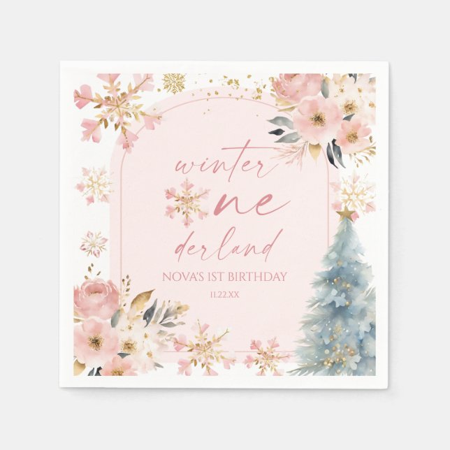 Winter Onederland Snowflake 1st Birthday Party Napkin (Front)