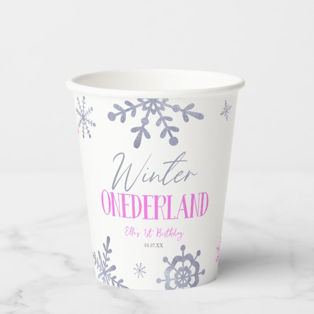 Winter ONEderland Snowflake 1st Birthday Party Paper Cups (Front)