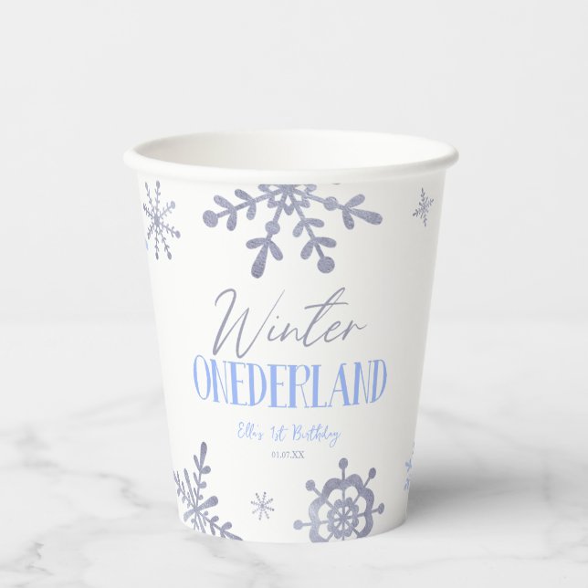 Winter ONEderland Snowflake 1st Birthday Party Paper Cups (Front)