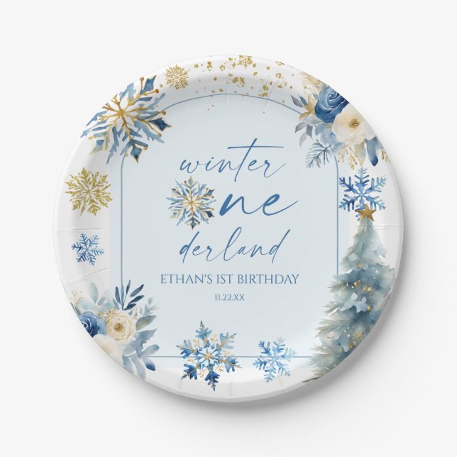 Winter Onederland Snowflake 1st Birthday Party Paper Plate (Front)