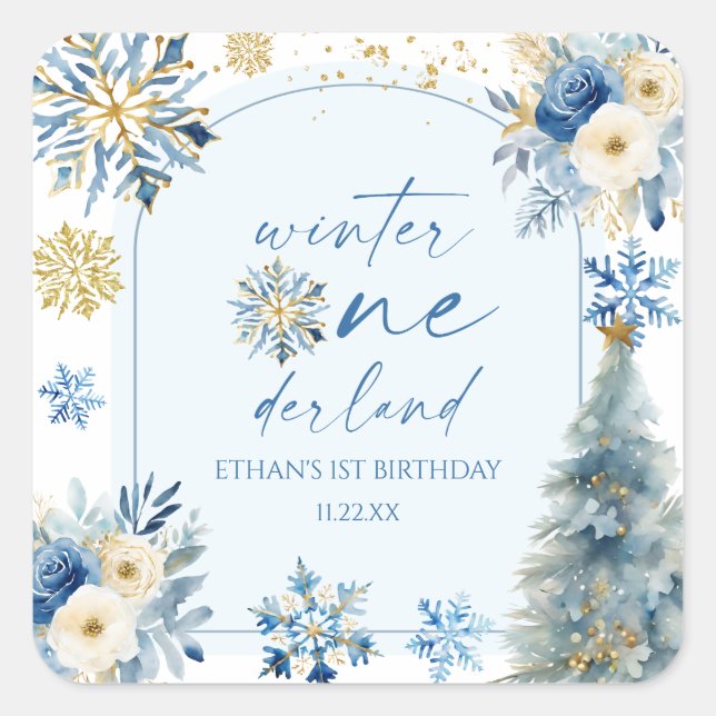 Winter Onederland Snowflake 1st Birthday Party Square Sticker (Front)
