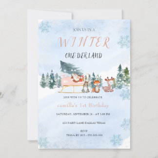 Winter Onederland Snowflake Animal Birthday  Invitation