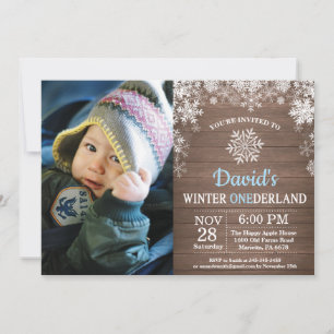 Winter Onederland Snowflake Blue Boy 1st Birthday Invitation