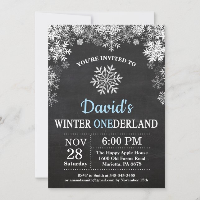 Winter Onederland Snowflake Blue Boy 1st Birthday Invitation (Front)