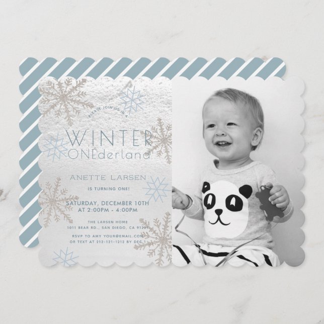 Winter Onederland Snowflake Blue Photo1st Birthday Invitation (Front/Back)
