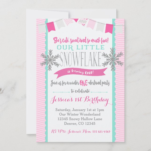 Winter ONEderland Snowflake Invitation Girl (Front)