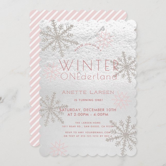 Winter Onederland Snowflake Pink 1st Birthday Invitation (Front/Back)