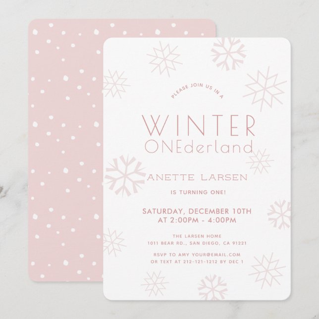 Winter Onederland Snowflake Pink 1st Birthday Invitation (Front/Back)