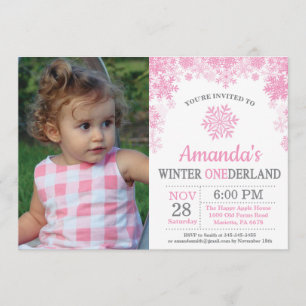 Winter Onederland Snowflake Pink Girl 1st Birthday Invitation
