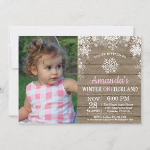 Winter Onederland Snowflake Pink Girl 1st Birthday Invitation