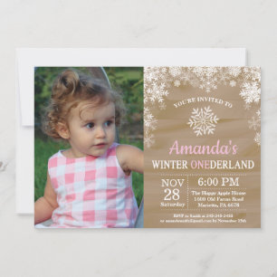 Winter Onederland Snowflake Pink Girl 1st Birthday Invitation
