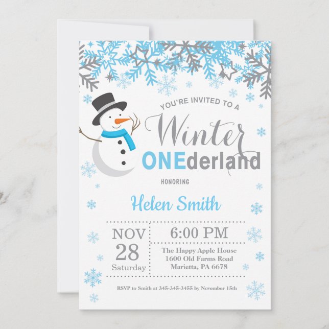 Winter Onederland Snowman Boy 1st Birthday Invitation (Front)