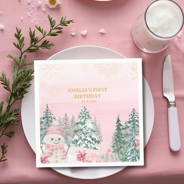 Winter ONEderland Snowman Girl 1st Birthday Pink Napkin (Creator Uploaded)