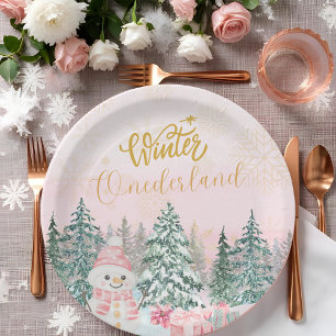 Winter ONEderland Snowman Girl 1st Birthday Pink Paper Plate