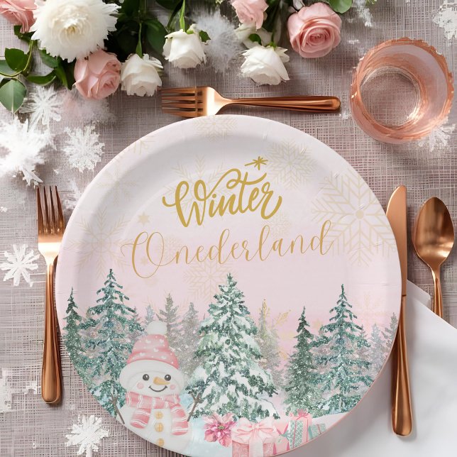 Winter ONEderland Snowman Girl 1st Birthday Pink Paper Plate (Creator Uploaded)