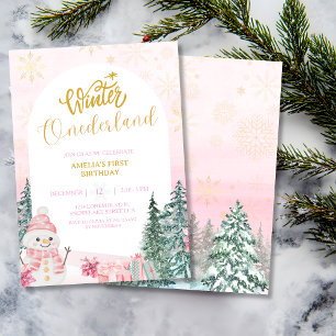 Winter ONEderland Snowman Girl 1st Pink Birthday Invitation