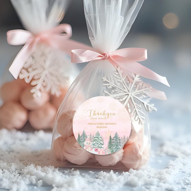 Winter ONEderland Snowman Girl Birthday Pink  Classic Round Sticker (Creator Uploaded)