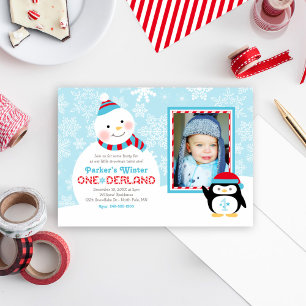 Winter ONEderland Snowman Penguin Photo Invitation