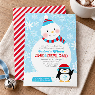 Winter ONEderland Snowman Penguin Sled Invitation