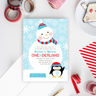 Winter ONEderland Snowman Penguin Sled Invitation